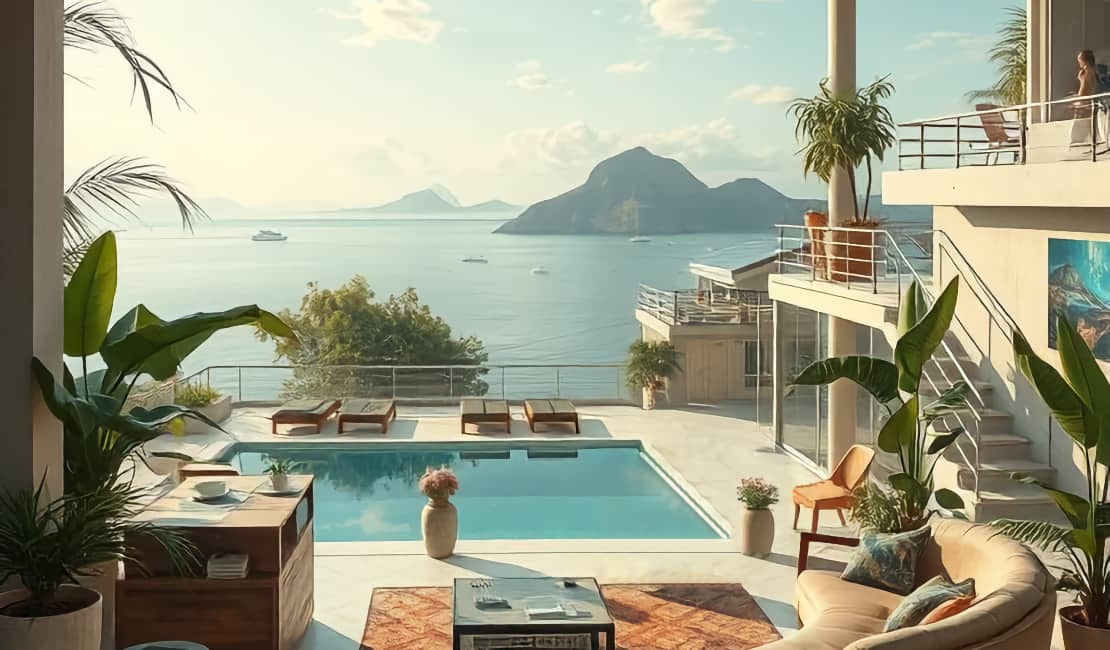 An outside view of a faraway home with view on some boats and a few islands.