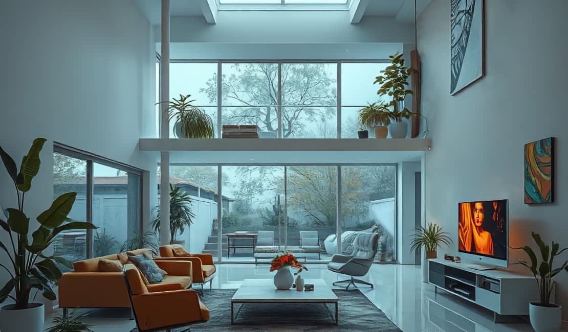 A pristinely clean and organized modern home with the TV on.