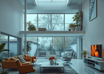 A pristinely clean and organized modern home with the TV on.