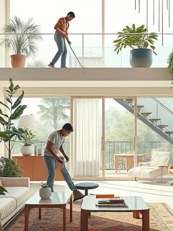 A team of cleaners making a home ready for the return of homeowners.