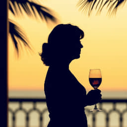A middle aged woman holding a glass of red wine by the sea at dusk.